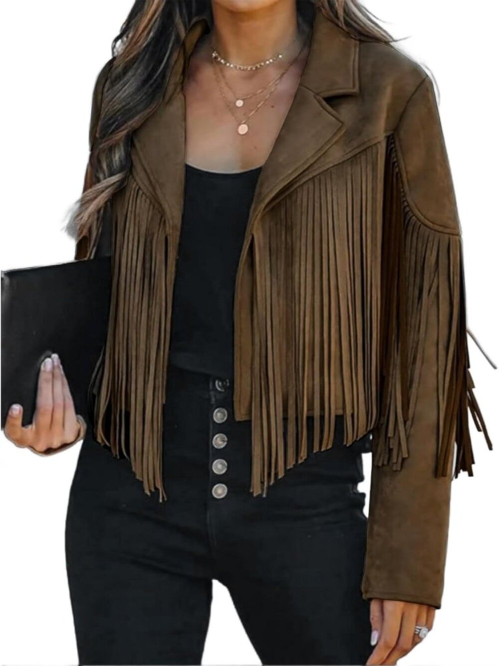 Women's Dark Brown Leather Western Fringe Cropped Tassel Motorcycle Jackets